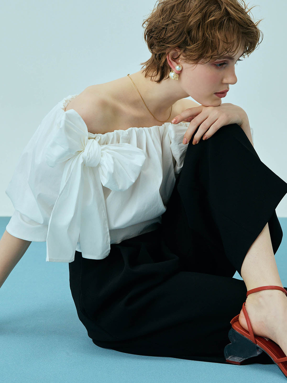 リボンオフショルブラウス