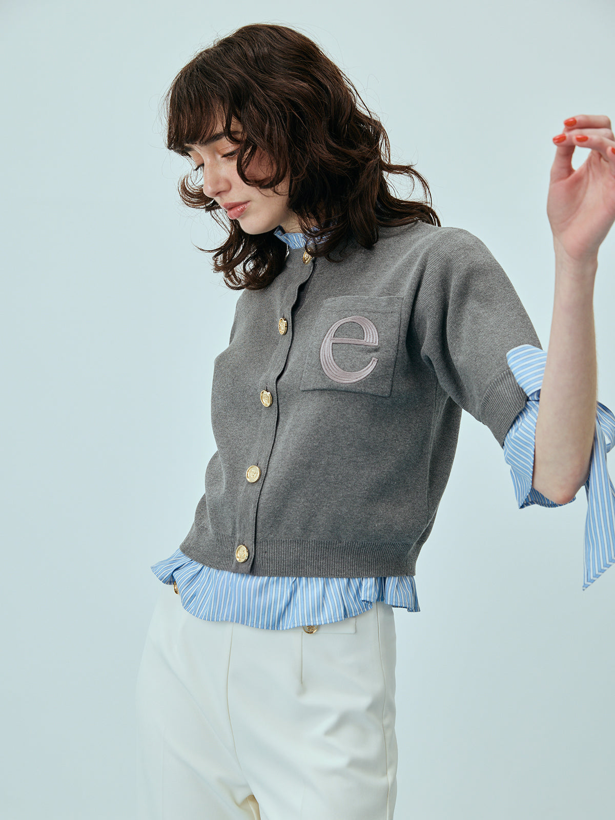 Attachedcollarハーフスリーブカーディガン