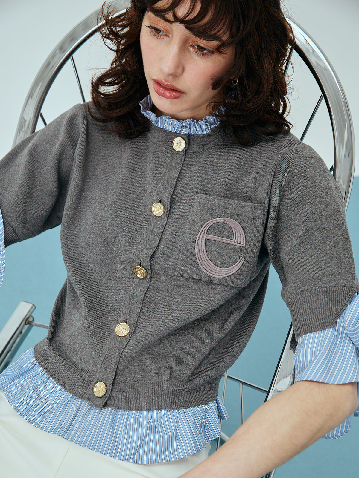 Attachedcollarハーフスリーブカーディガン