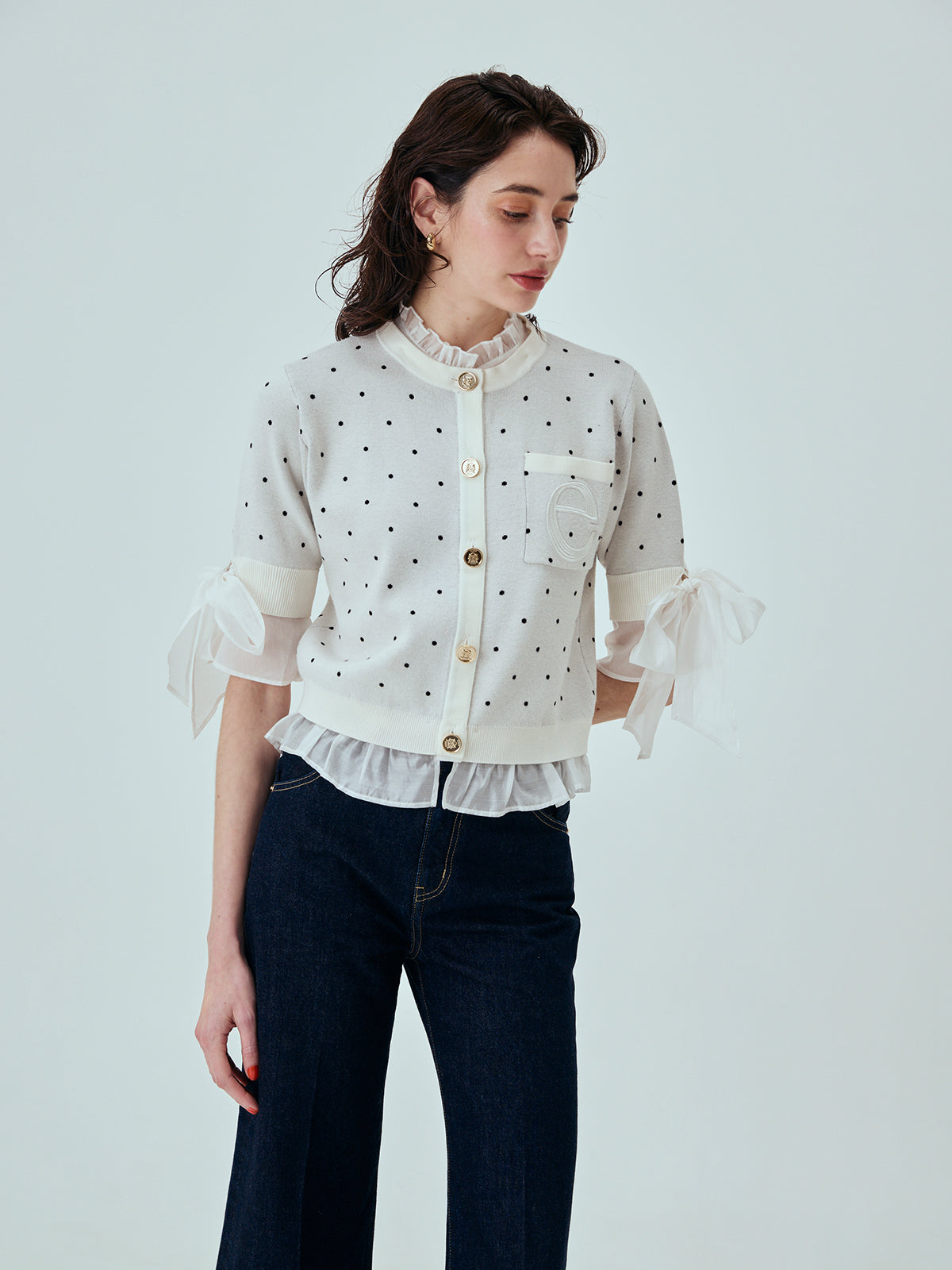 DOT Attachedcollarハーフスリーブカーディガン