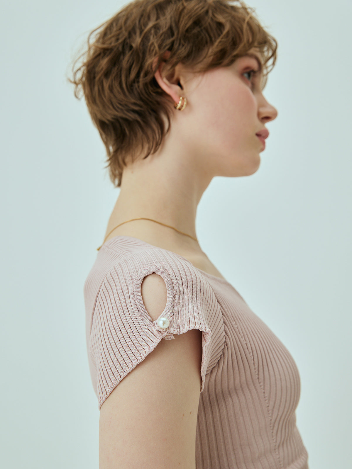 フレンチスリーブリブニットフレアワンピース