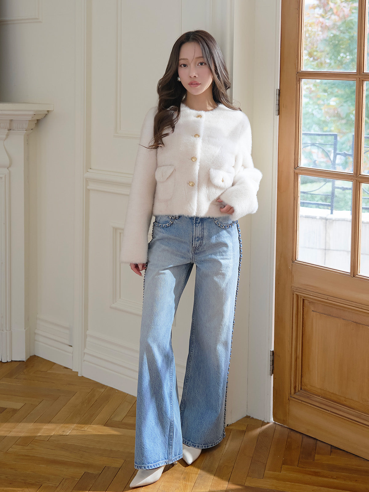 ゴールドボタンフェイクファージャケット