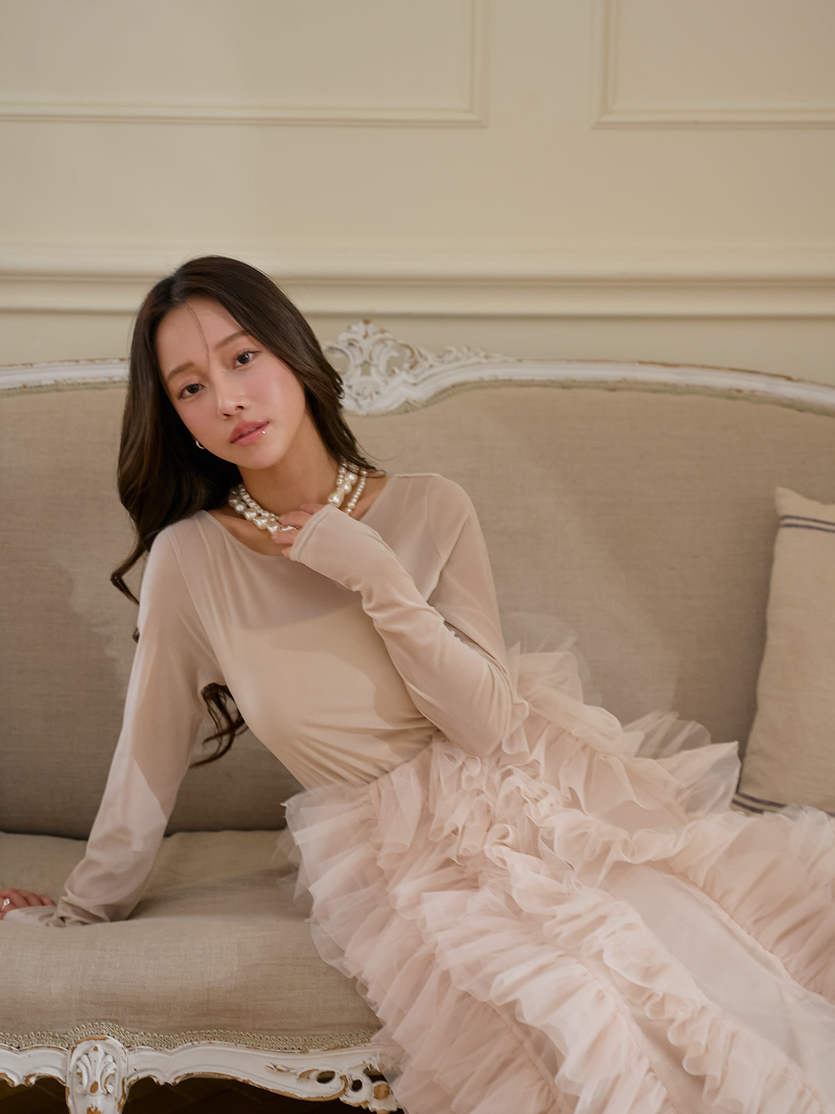 シアーベロアドッキングラッフルチュールワンピース