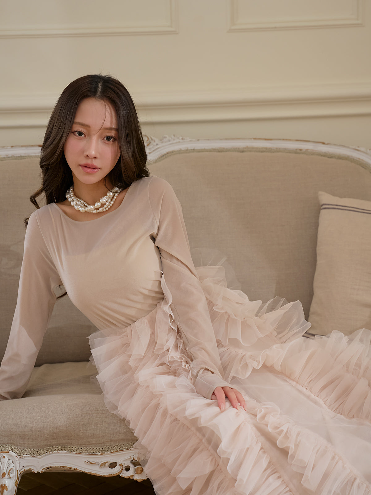 シアーベロアドッキングラッフルチュールワンピース