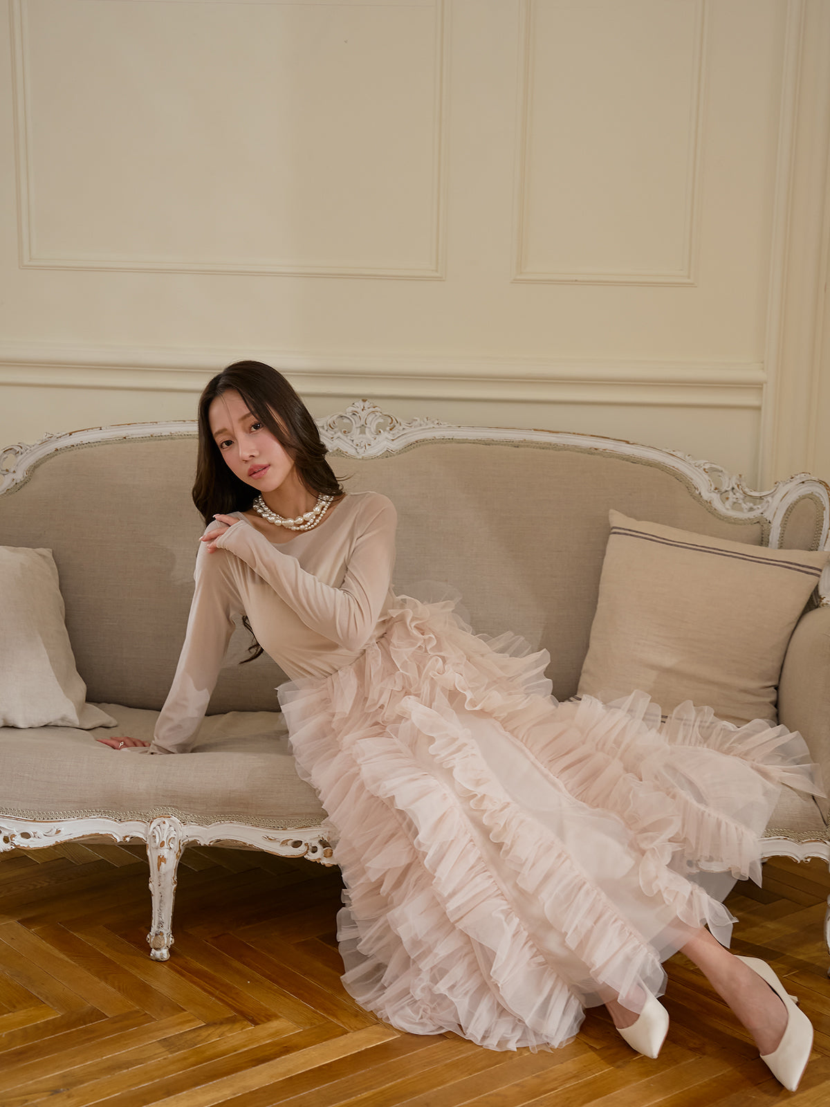 シアーベロアドッキングラッフルチュールワンピース