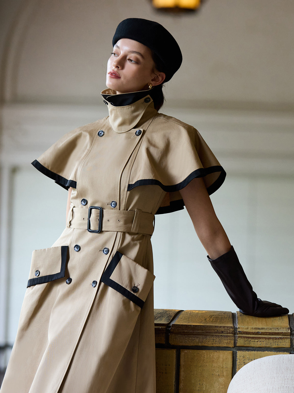 コントラストトリムトレンチワンピース