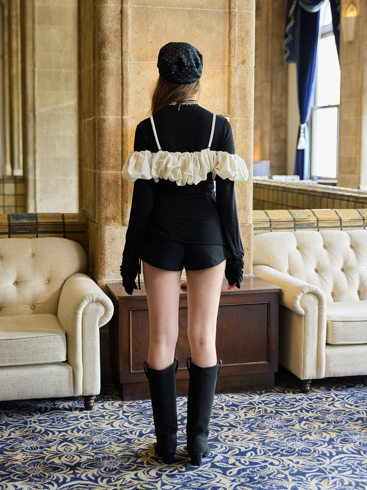 カシミヤ混シアースリーブギャザートップス