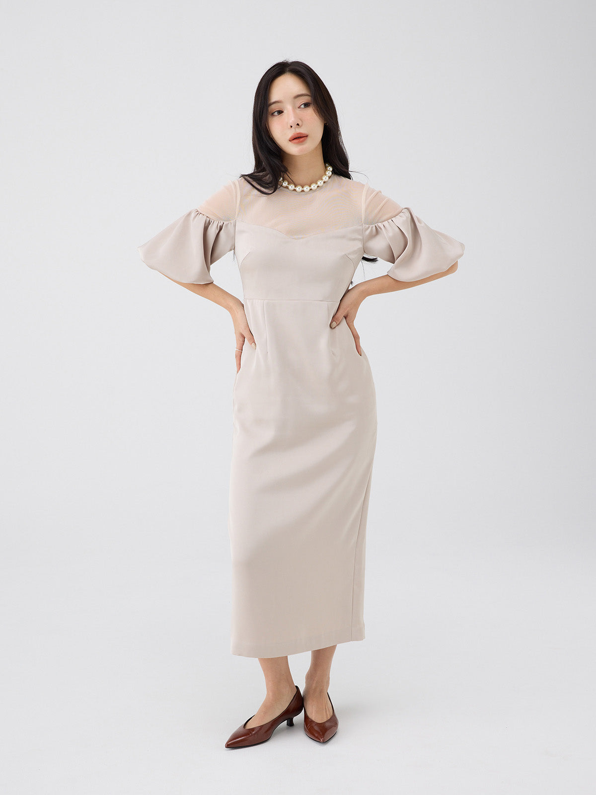 バルーンスリーブチュールパネルドレス