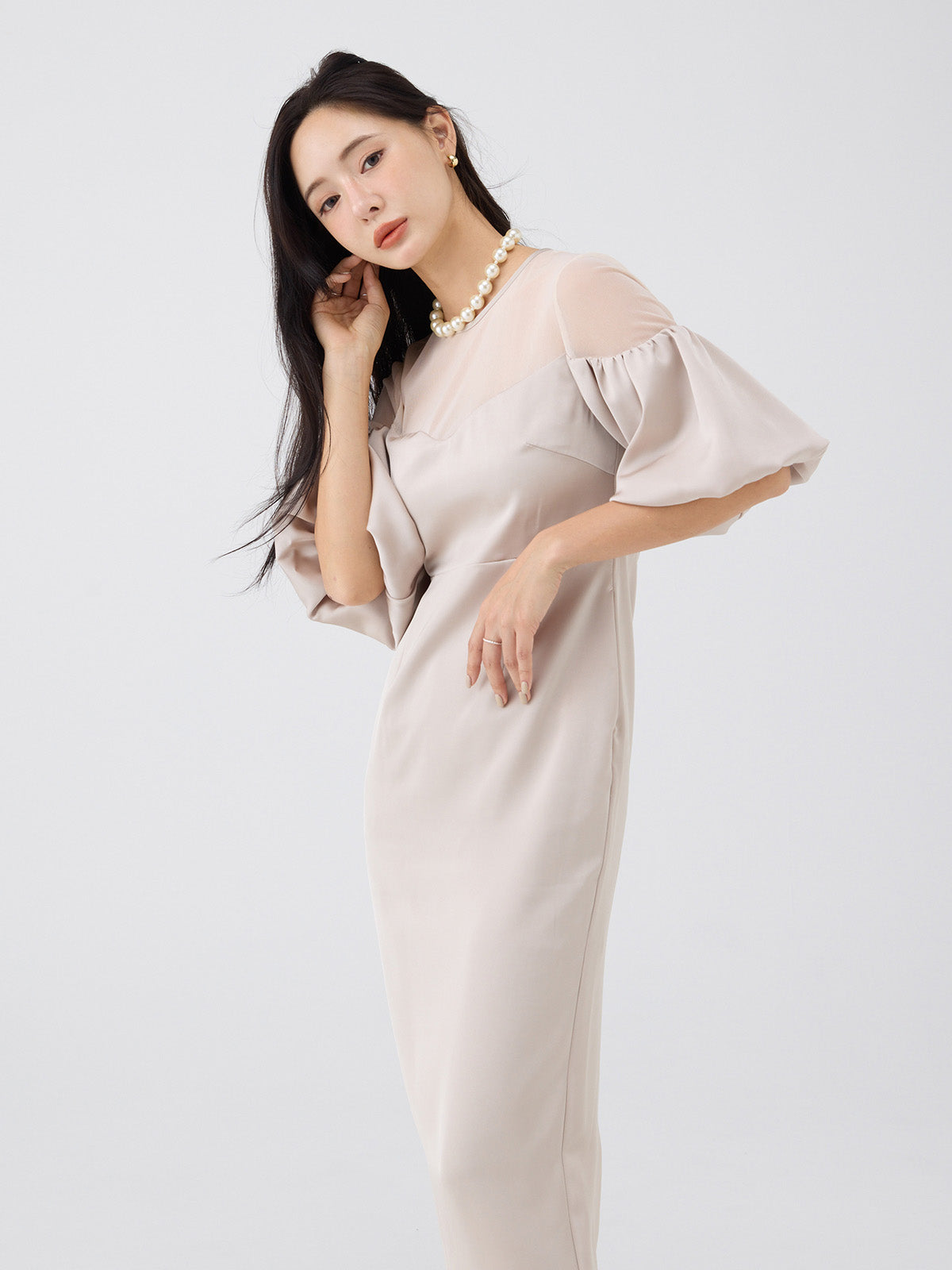 バルーンスリーブチュールパネルドレス