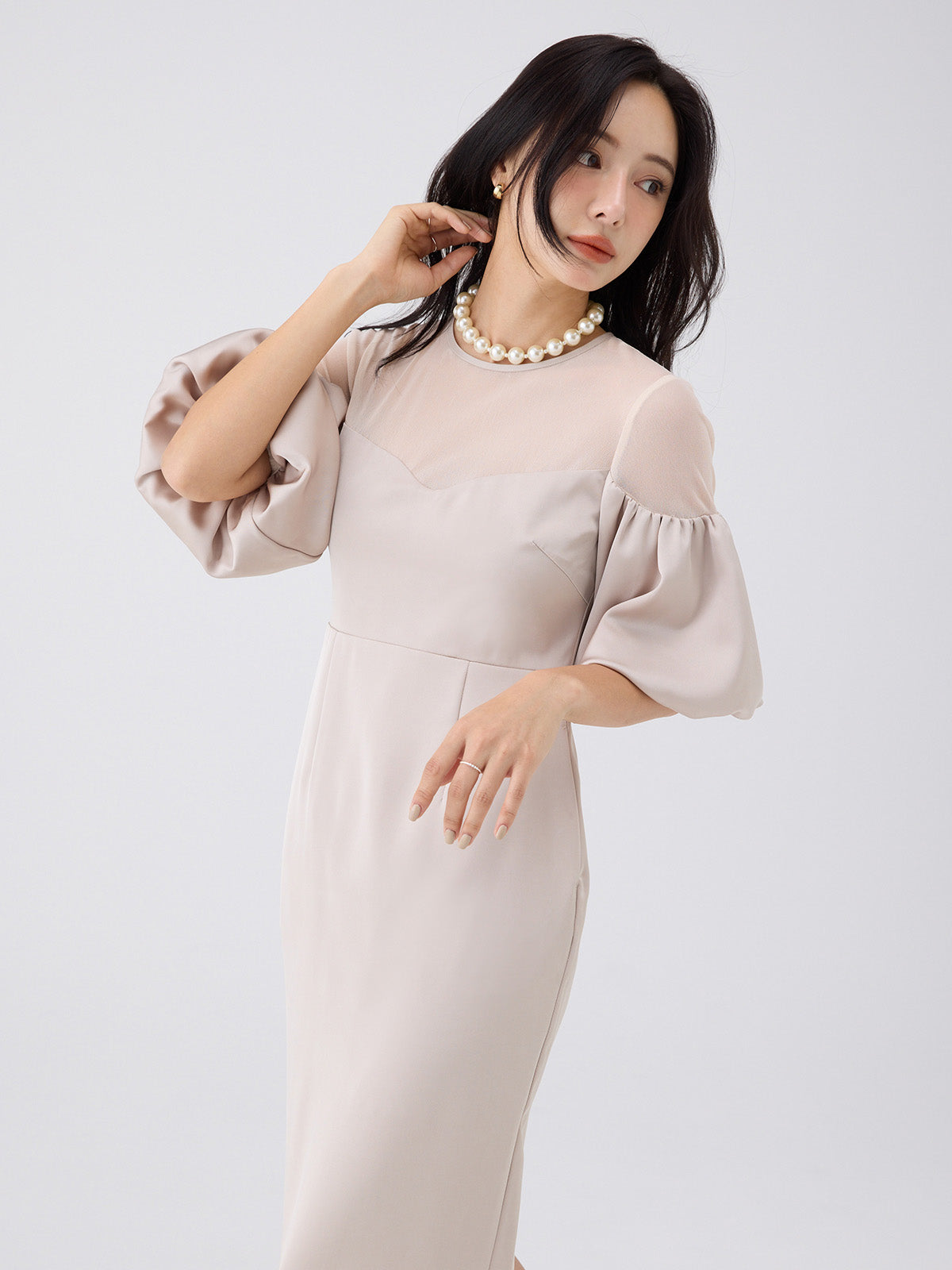 バルーンスリーブチュールパネルドレス
