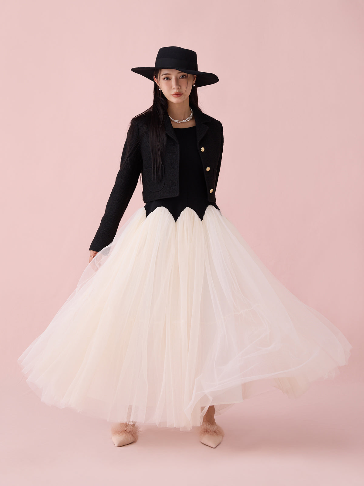 カーブシルエットニットコンビチュールフレアワンピース