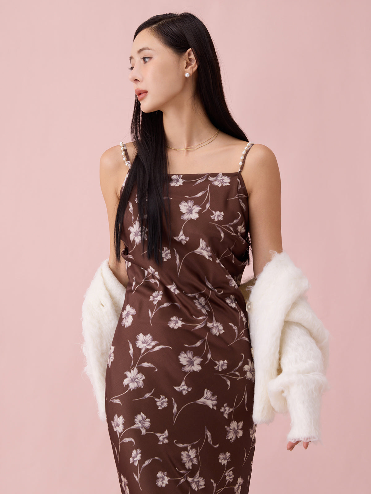 フラワーモチーフパールストラップキャミワンピース