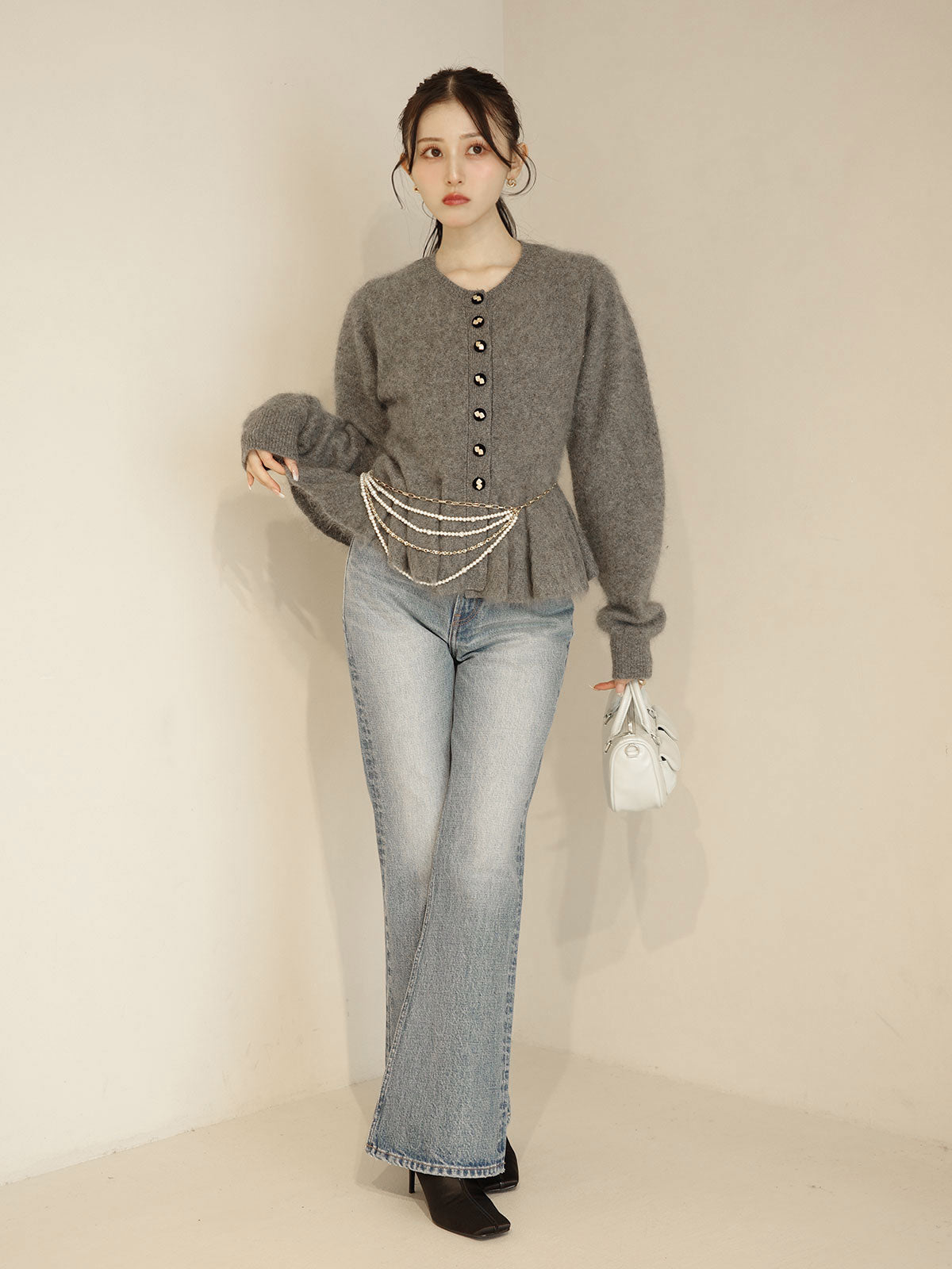 ウール起毛ペプラムニットカーディガン