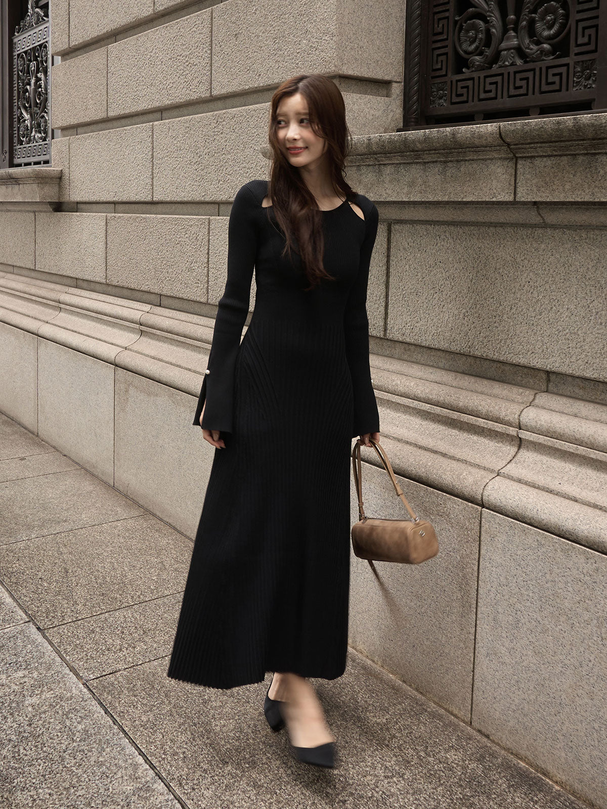 リブニットフレアワンピース