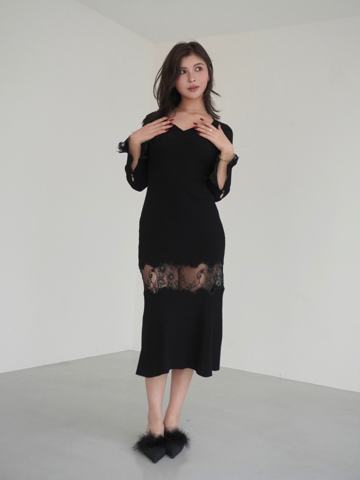 レーストリムHeart neckニットワンピース