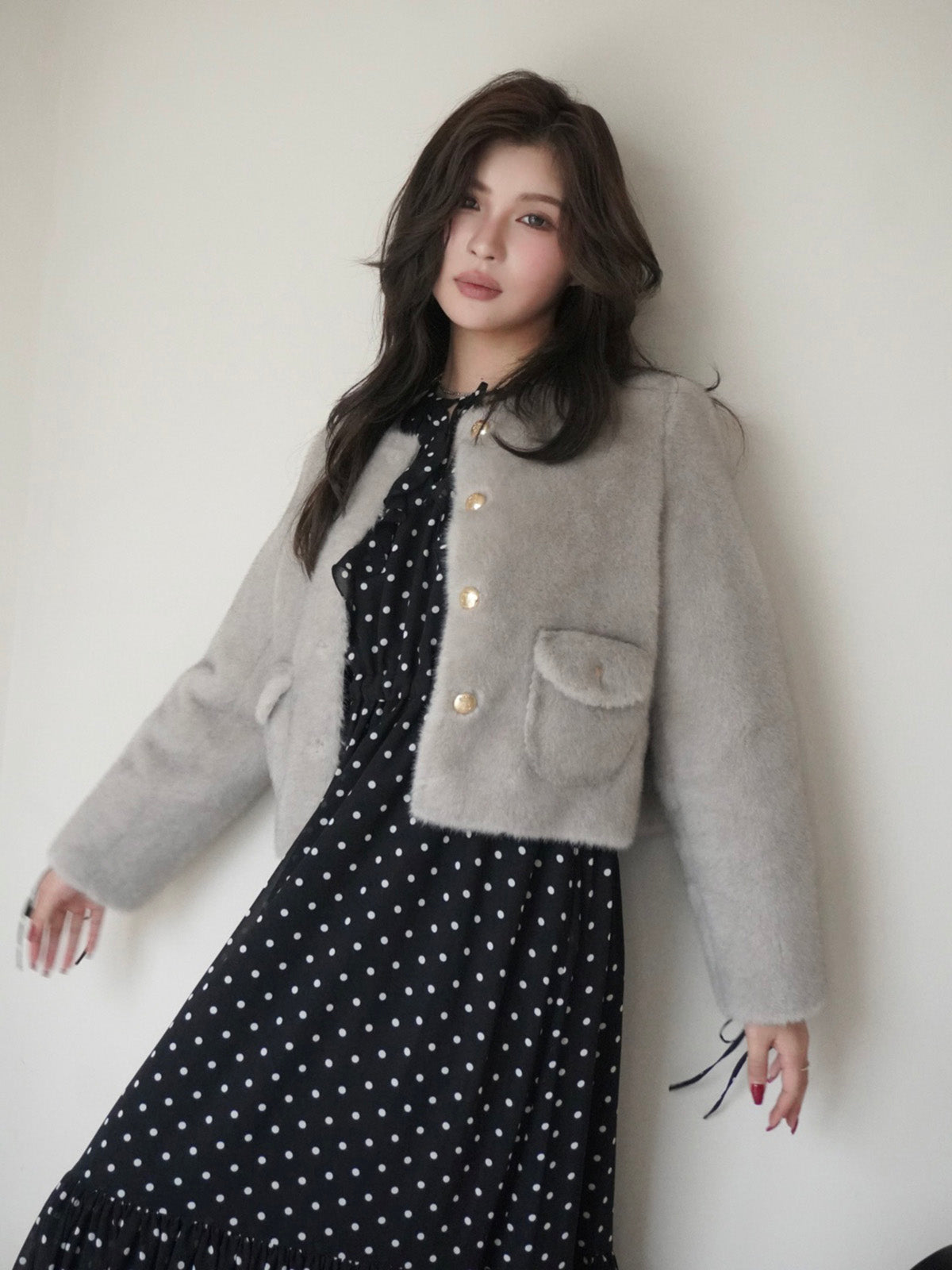 ゴールドボタンフェイクファージャケット