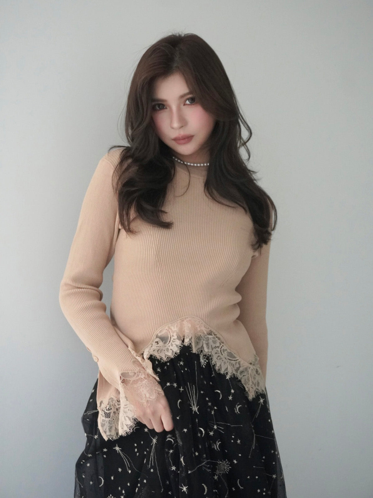 レーストリムリブニットトップス