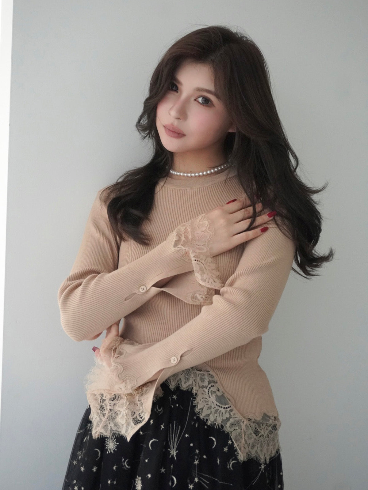 レーストリムリブニットトップス