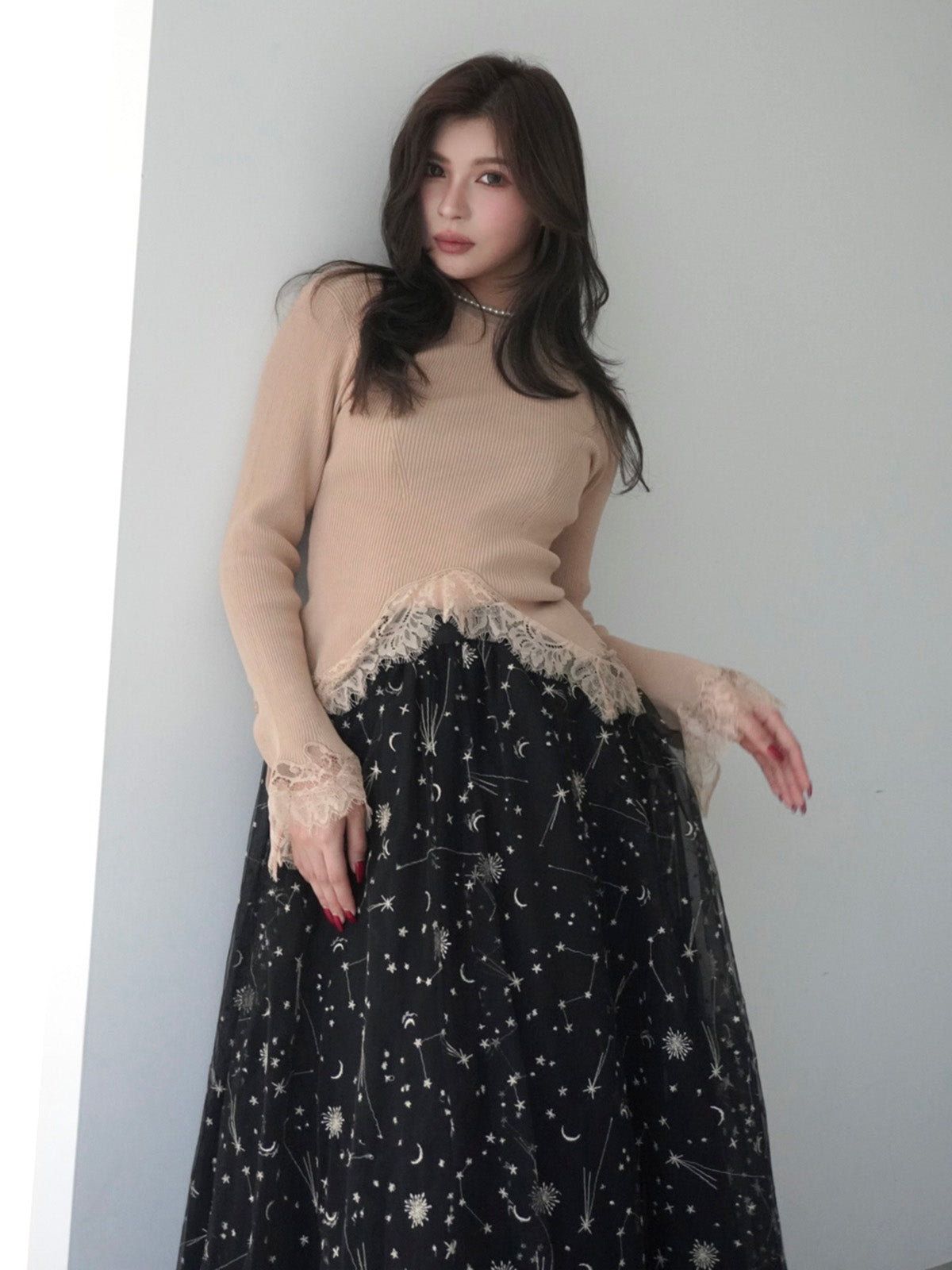 レーストリムリブニットトップス