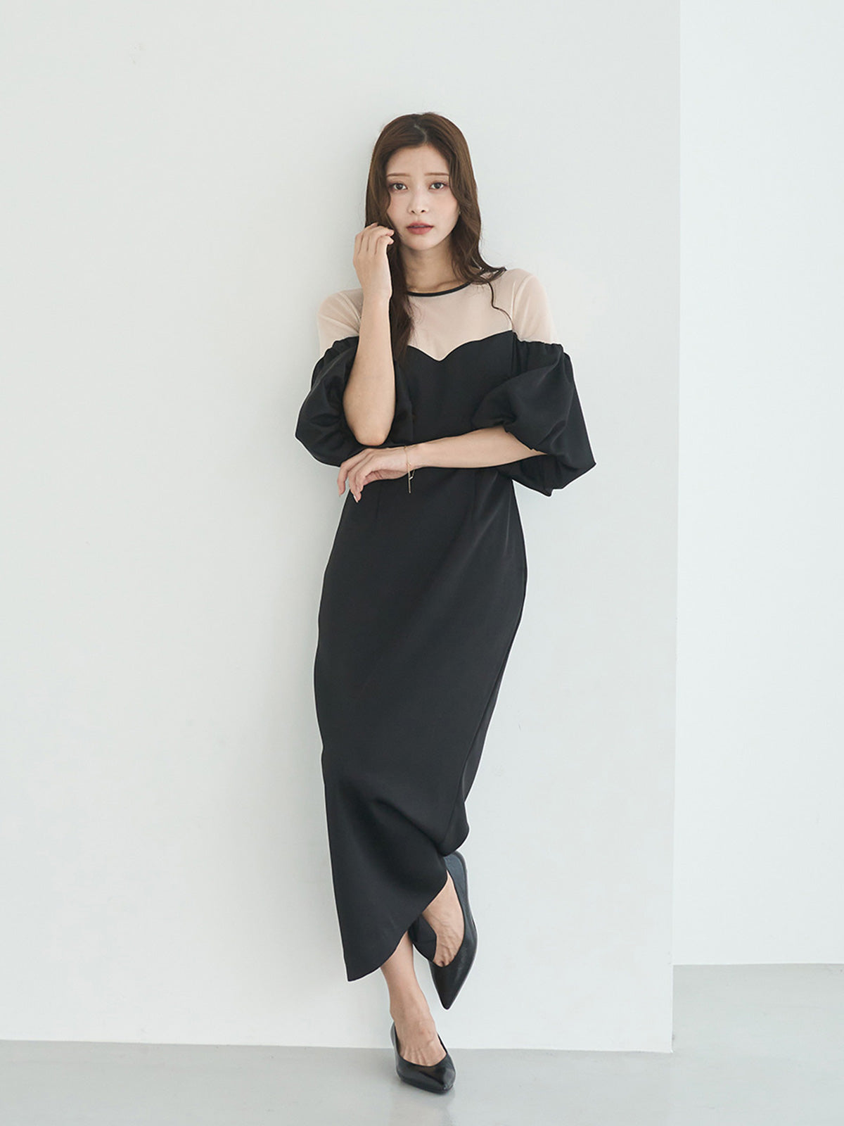 バルーンスリーブチュールパネルドレス