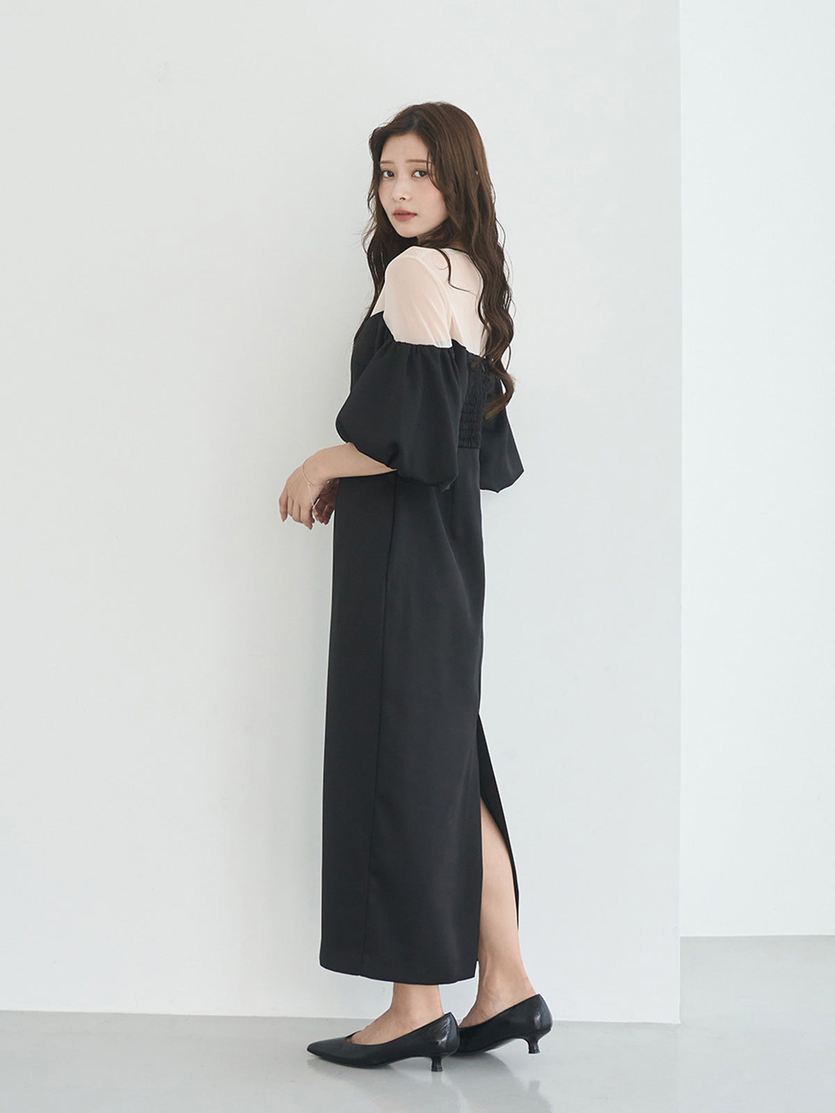 バルーンスリーブチュールパネルドレス