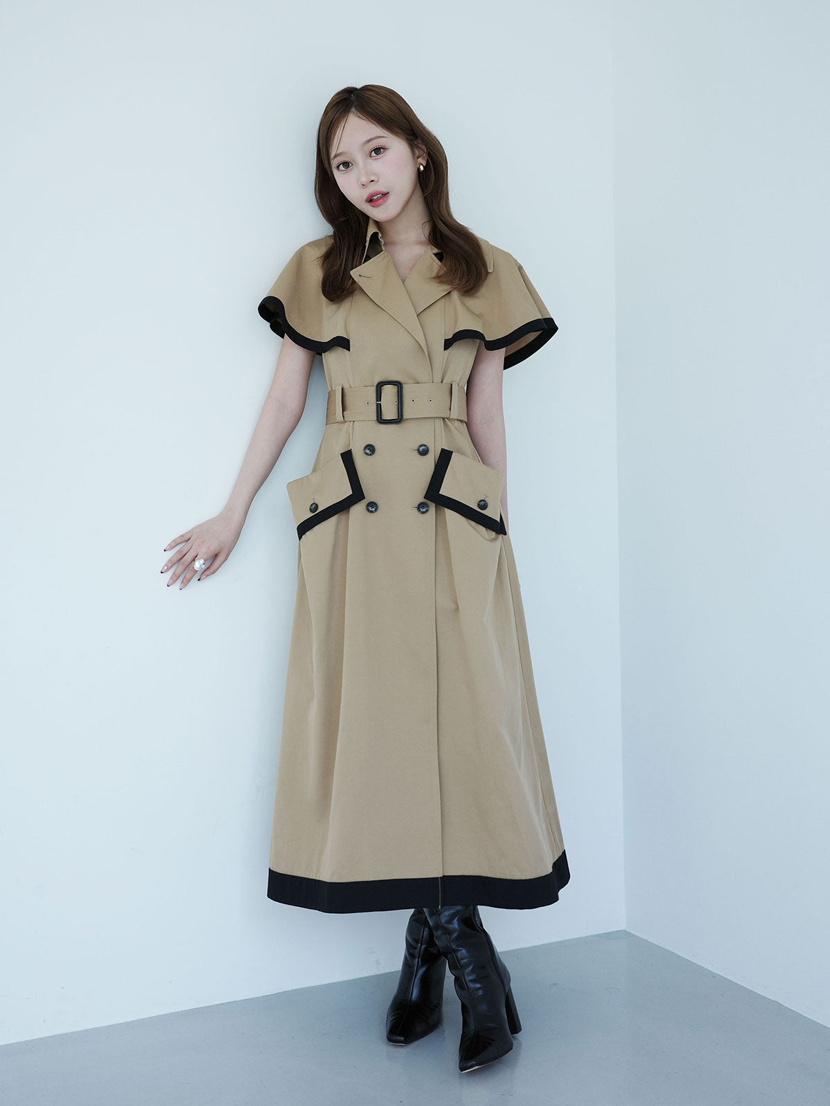 コントラストトリムトレンチワンピース
