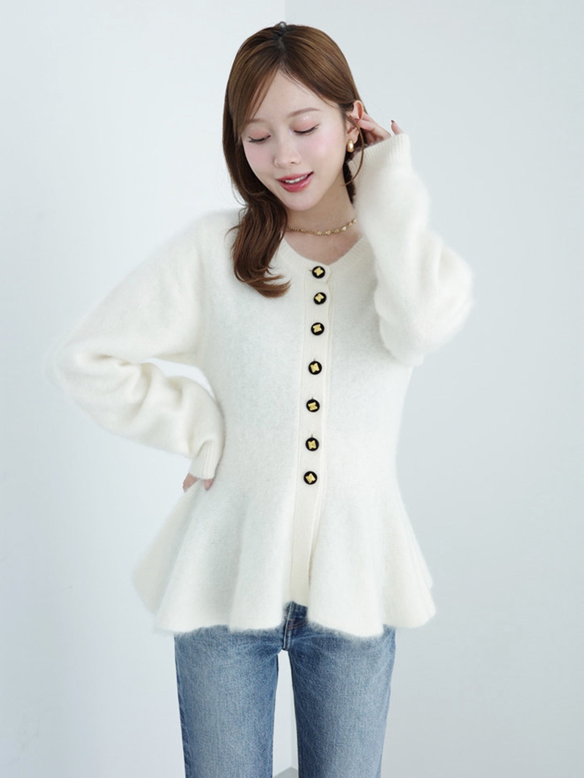 ウール起毛ペプラムニットカーディガン