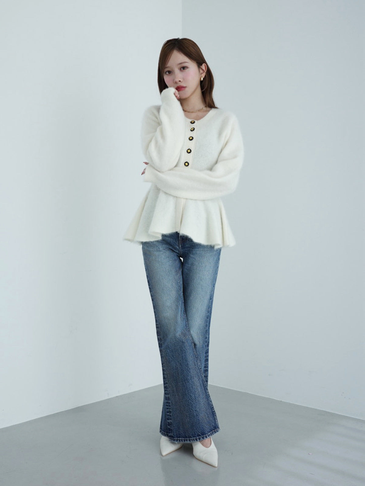 ウール起毛ペプラムニットカーディガン