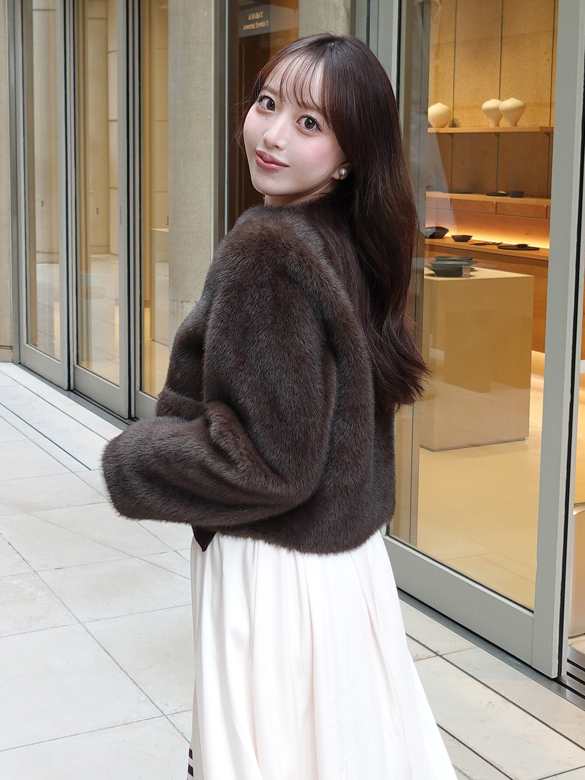 EM GOLD BUTTON FAUX FUR JACKET