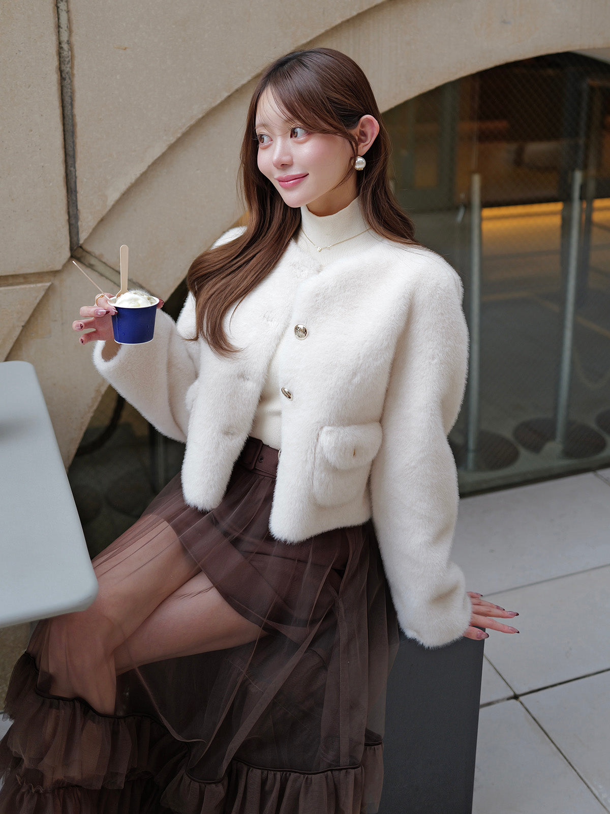 EM GOLD BUTTON FAUX FUR JACKET
