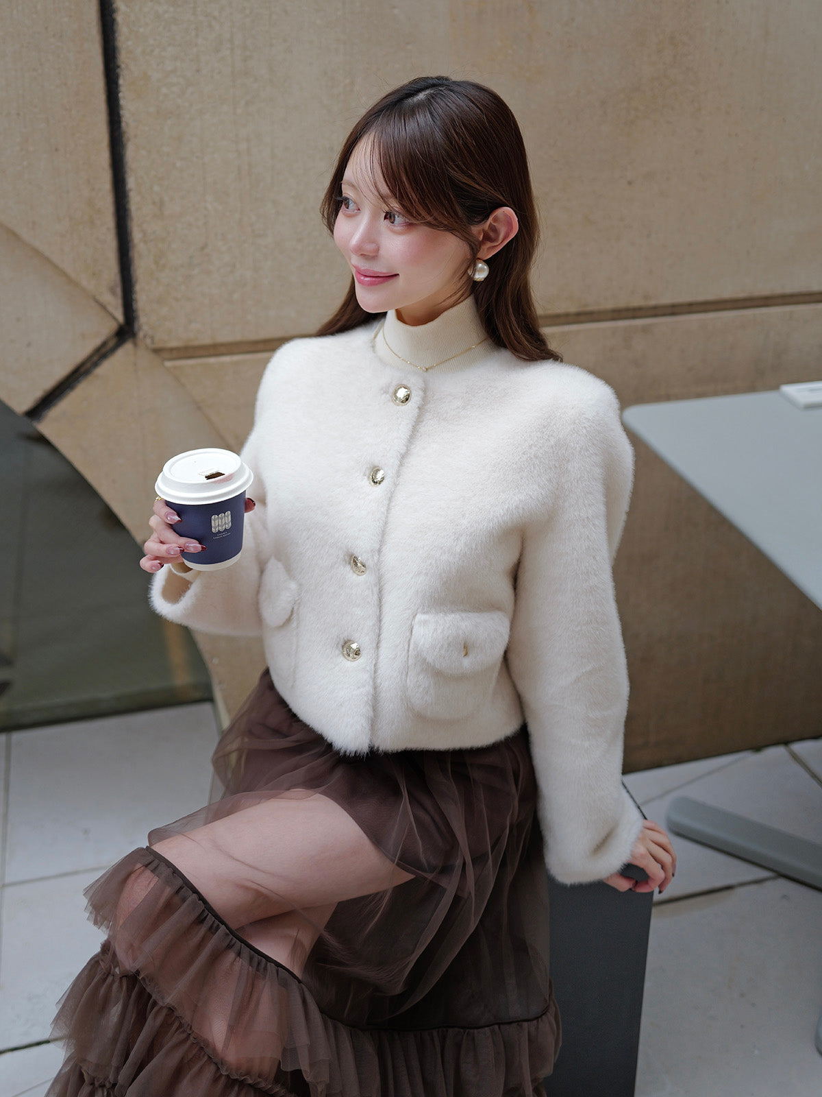 EM GOLD BUTTON FAUX FUR JACKET