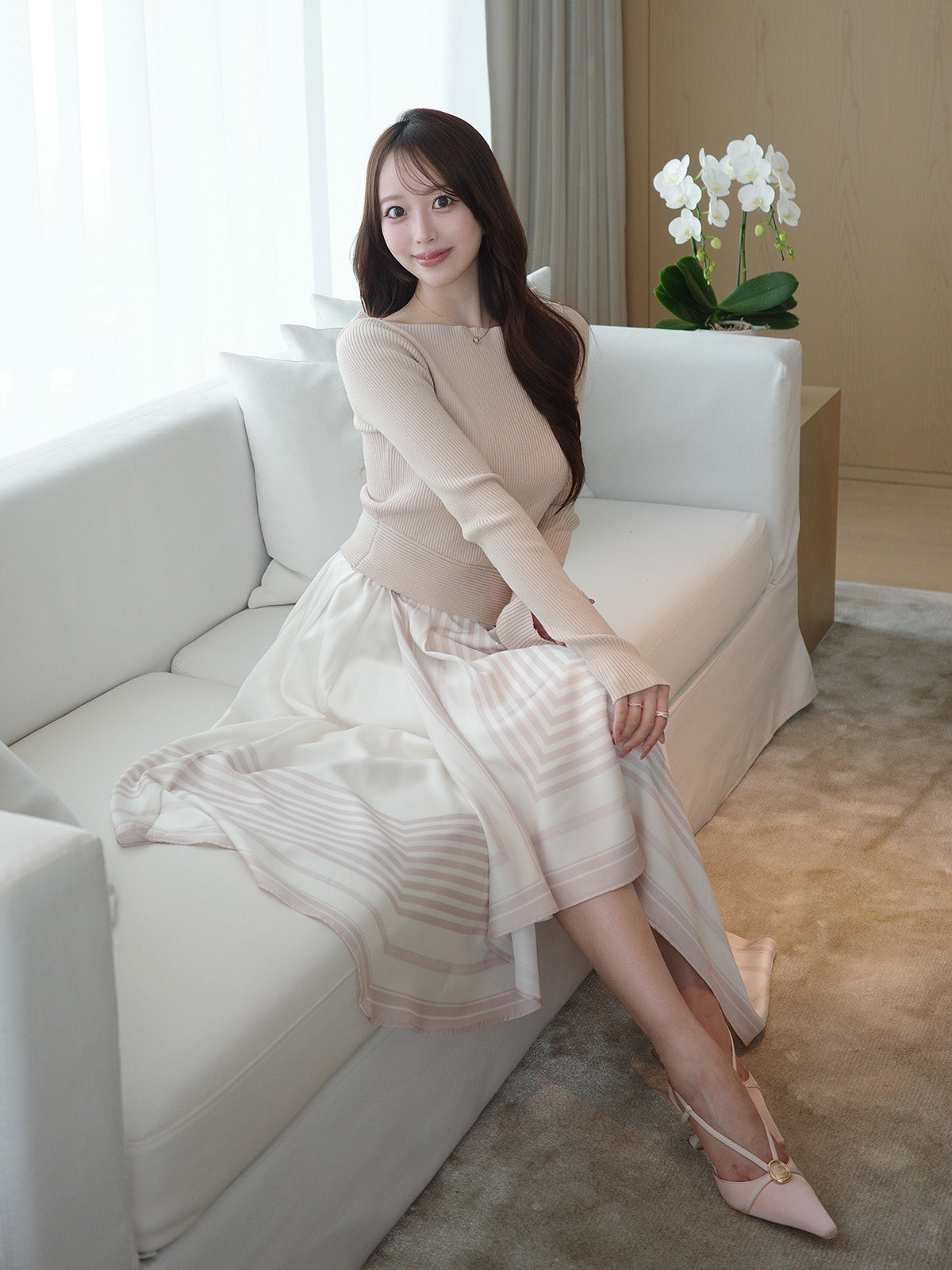 MODEL:161cm／COLOR:PINK BEIGE／SIZE:36(S)