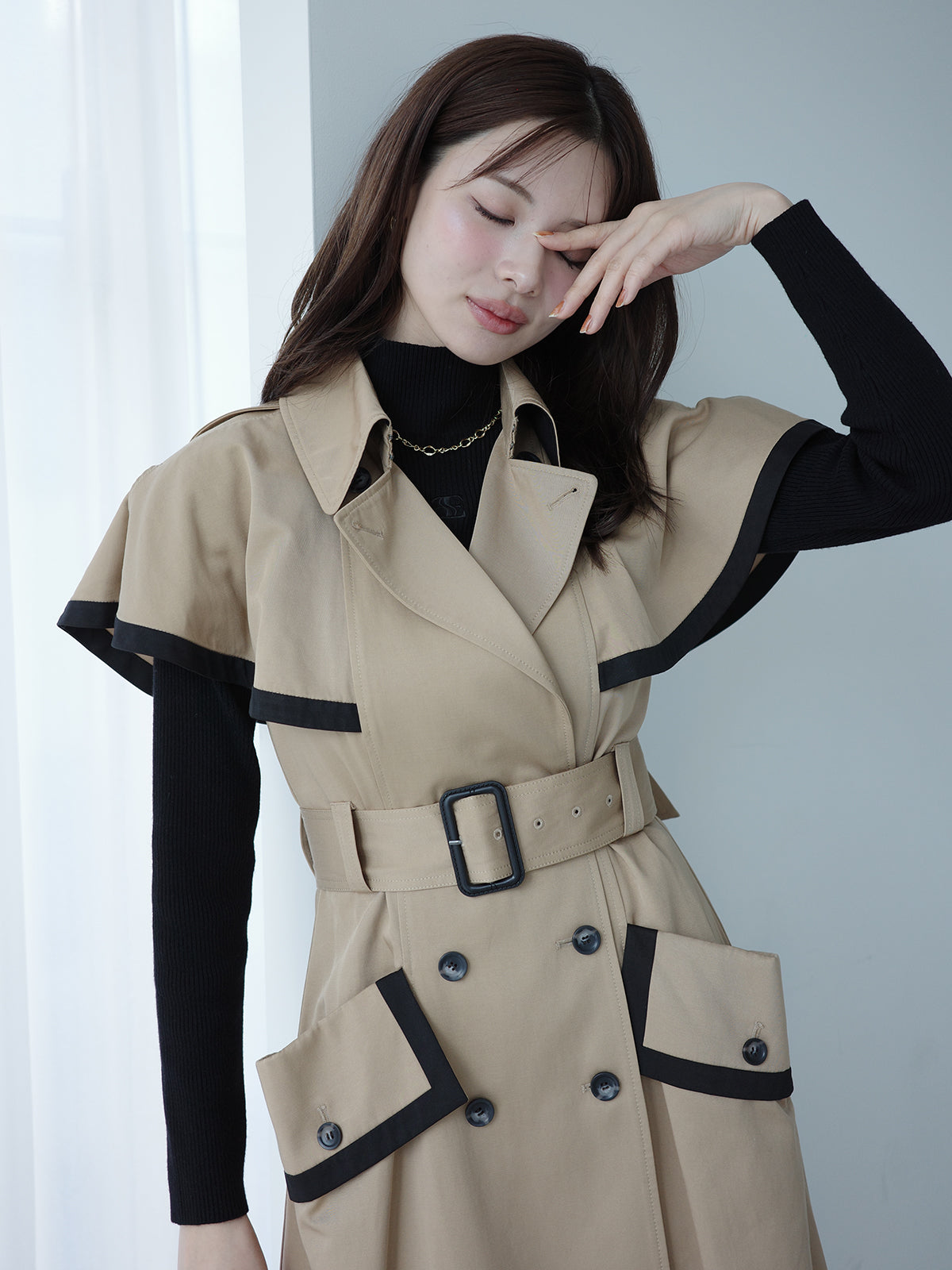 コントラストトリムトレンチワンピース