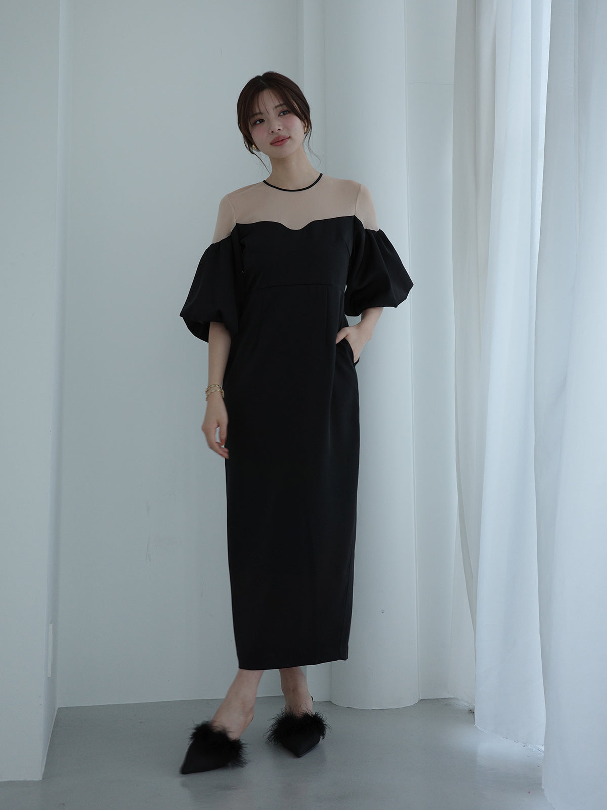 バルーンスリーブチュールパネルドレス