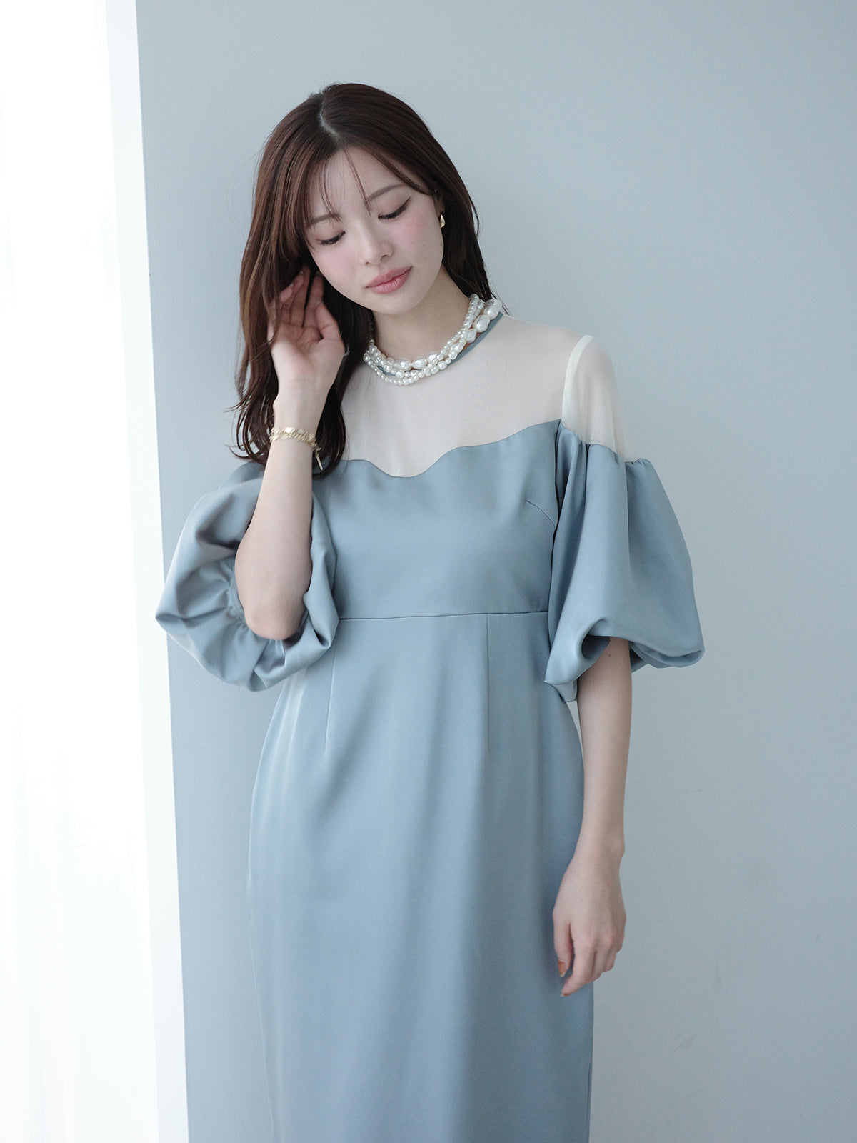 バルーンスリーブチュールパネルドレス
