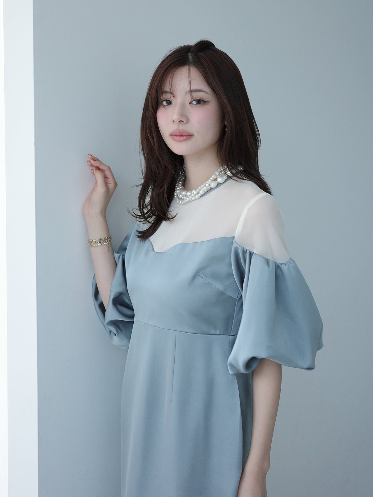 バルーンスリーブチュールパネルドレス