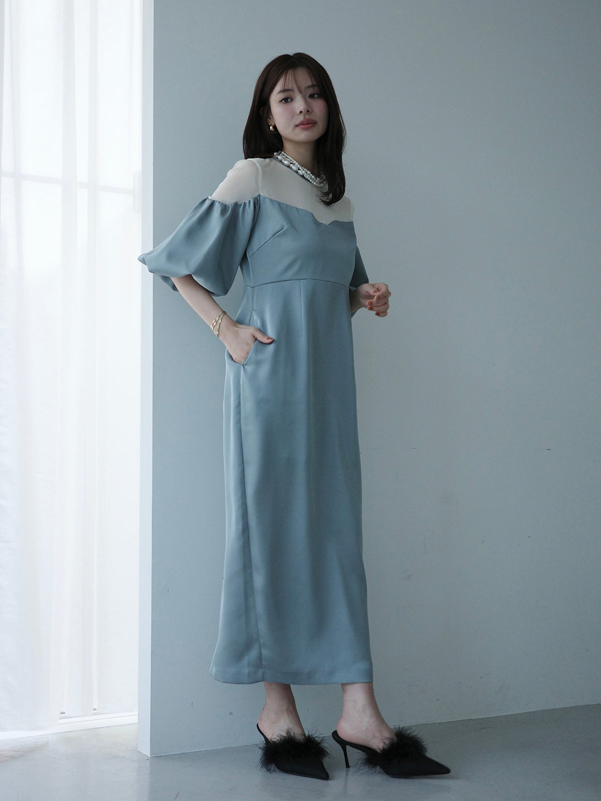 バルーンスリーブチュールパネルドレス