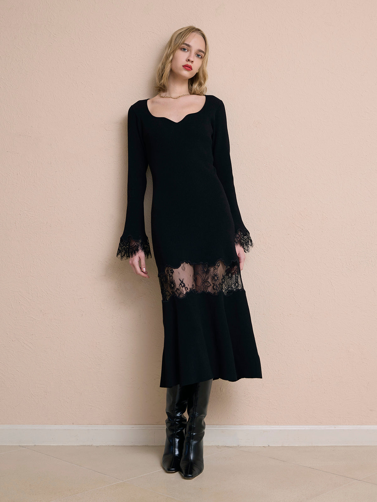 レーストリムHeart neckニットワンピース