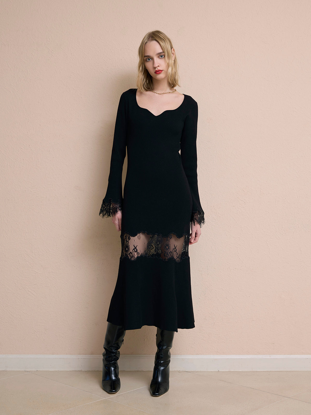 レーストリムHeart neckニットワンピース