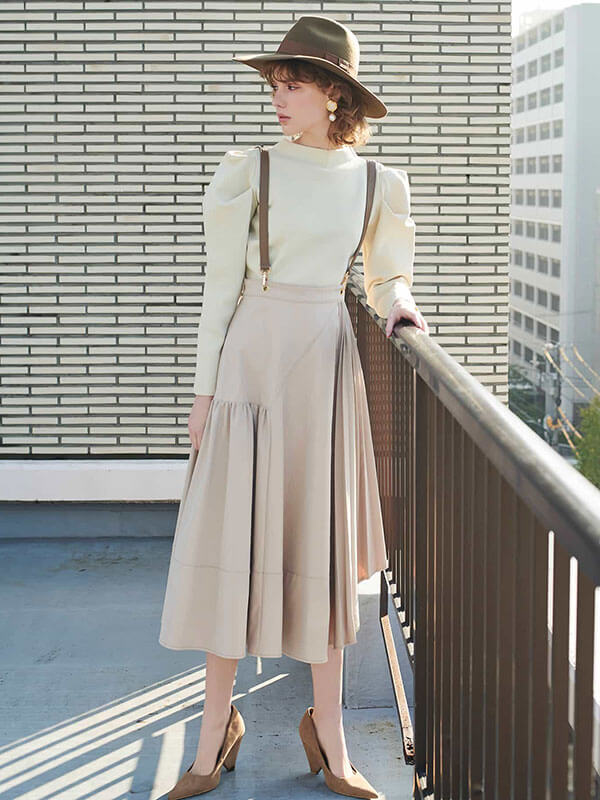 レザーサスペンダーアシンメトリーフレアスカート S Beige